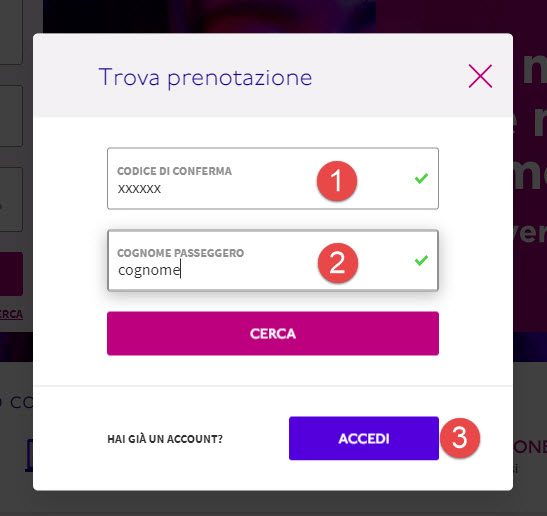 Sito Web Wizz Air - Come fare il check-in on line. Step 2 inserimento PNR e COGNOME