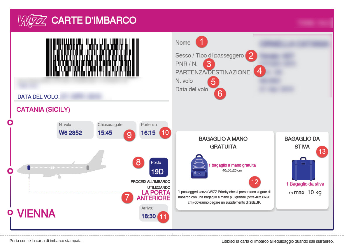 Sito Web Wizz Air - Come fare il check-in on line. Step 3: boarding pass/carta d'imbargo - dettaglio