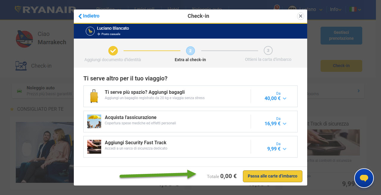 Home page di Ryanair; Riepilogo check-in ed eventuale totale da pagare se c'erano servizi aggiuntivi