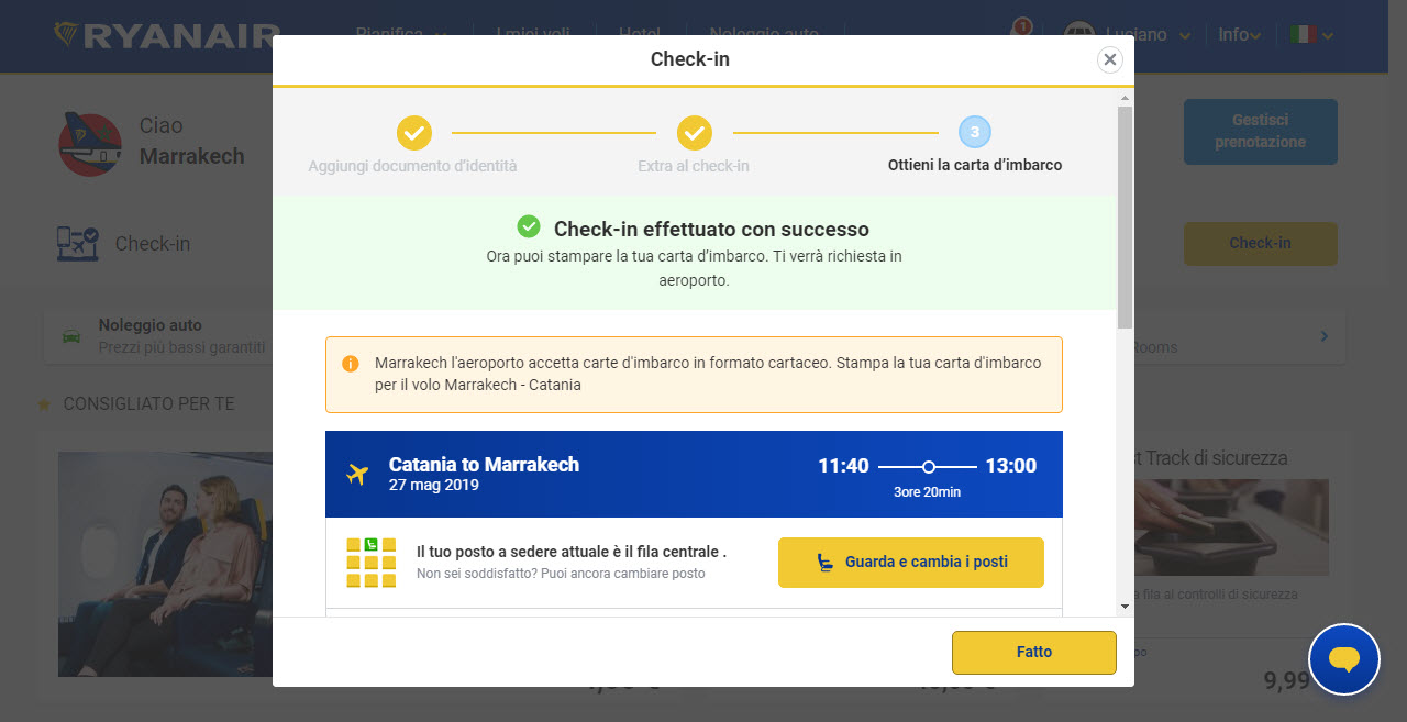 Home page di Ryanair; check-in effettuato con successo